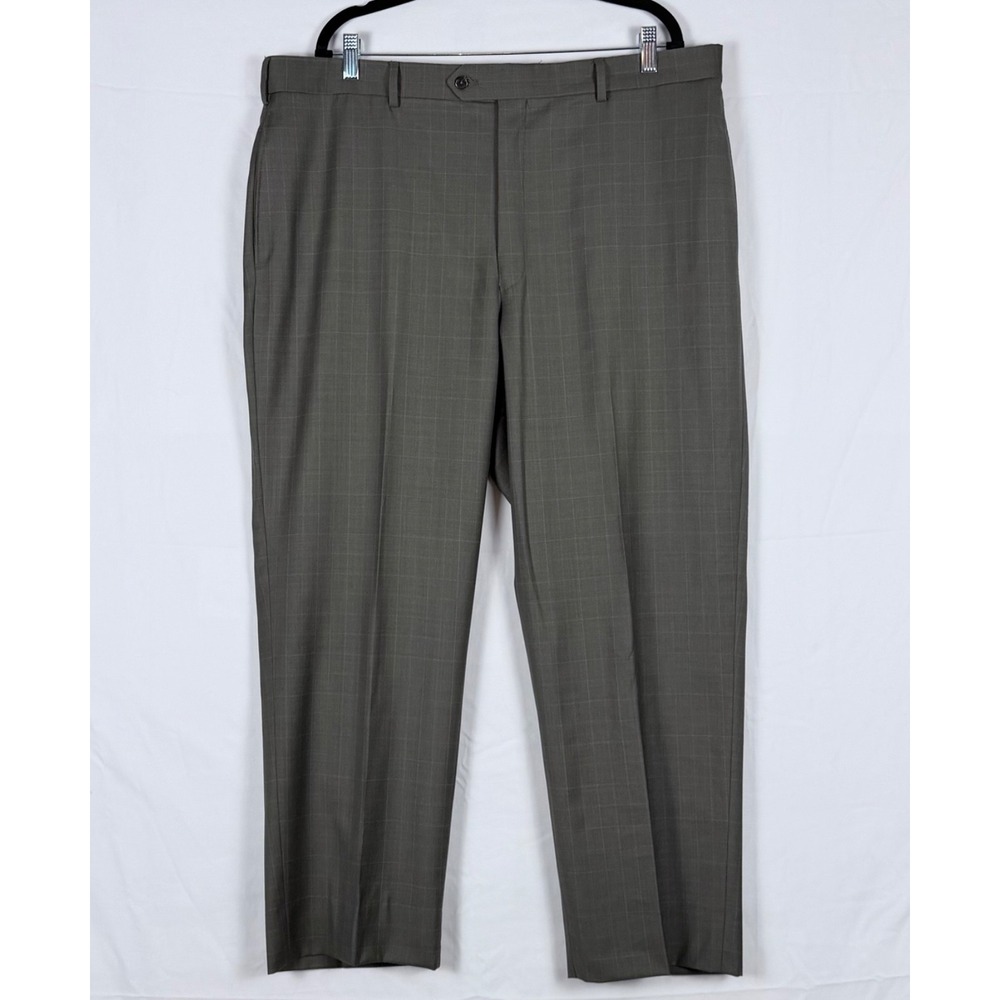 Jos A Bank Mens Dress Pants Taupe Windowpane Plaid 41R Flat Front Straight Leg